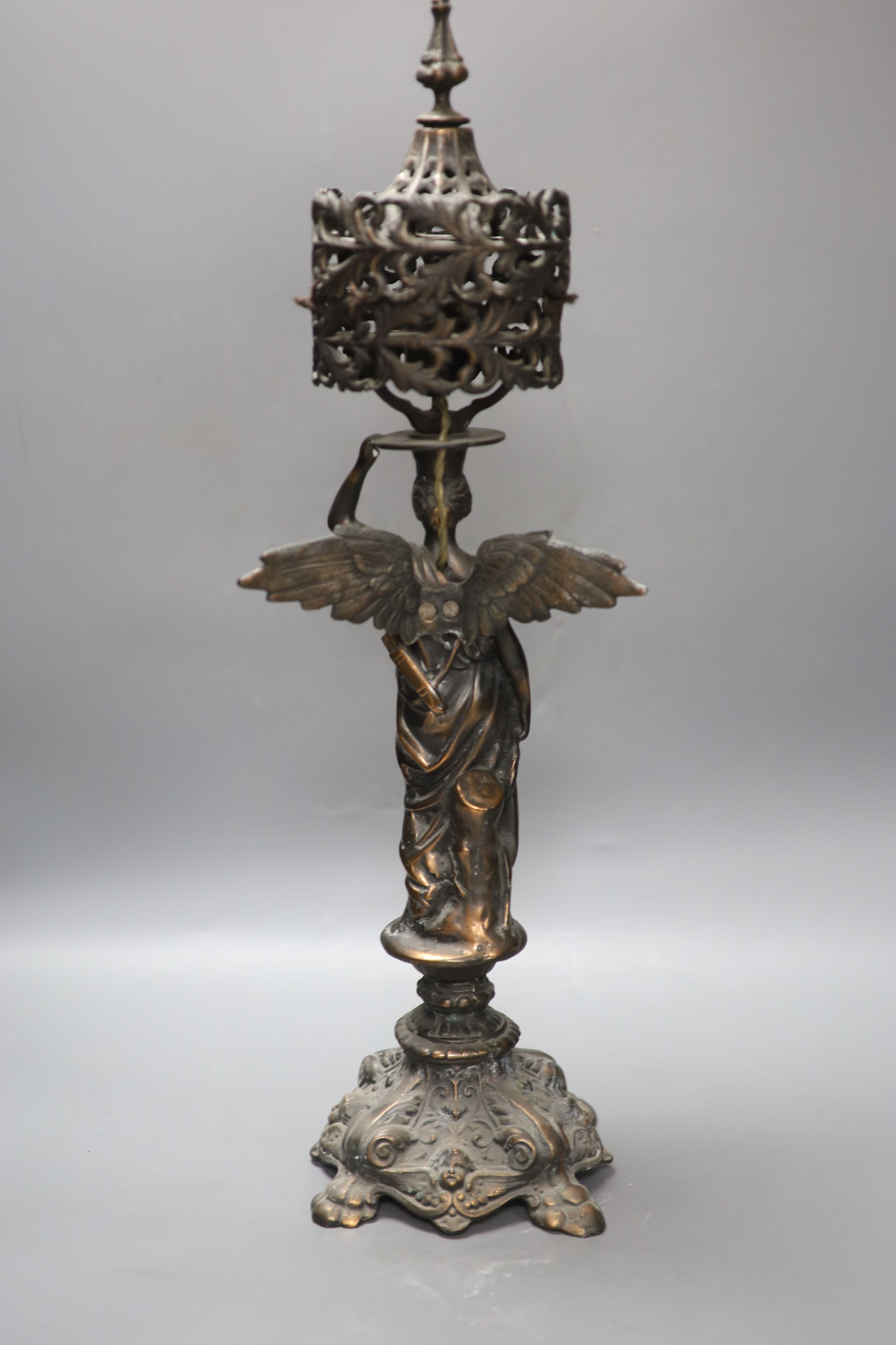 An oxidised copper figural table lamp, height 58cm, and three other items